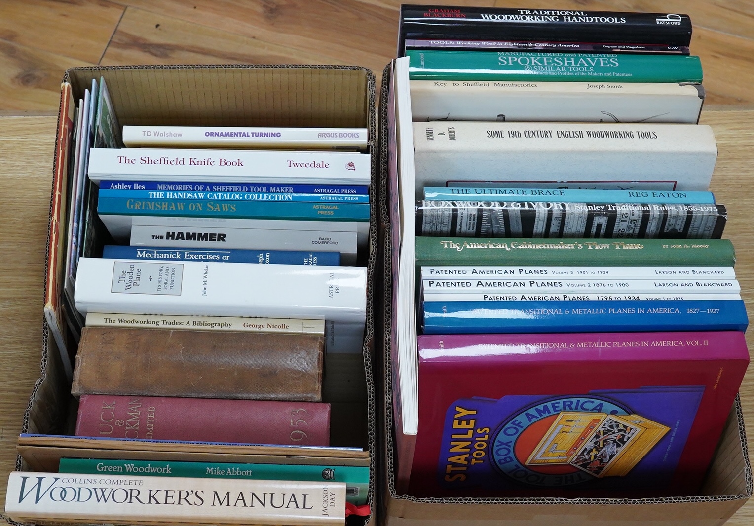 Two boxes of woodworking related books, titles include; Collins Complete Woodworker’s Manual, Buck & Hickman Limited catalogues, The Wooden Plane, The Handsaw Catalog Collection, Memories of a Sheffield Tool Maker, the S
